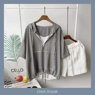 Zip-detail Hooded Checked Top