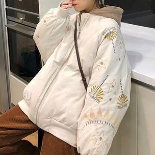 Embroidered Padded Bomber Jacket As Shown In Figure - One Size