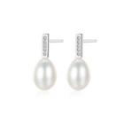 Sterling Silver Fashion Simple Water Drop-shaped White Freshwater Pearl Stud Earrings With Cubic Zirconia Silver - One Size
