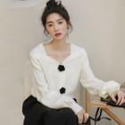Long-sleeve Floral Button Knit Top White - One Size