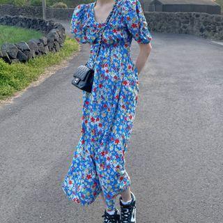 Puff-sleeve Floral Printed V-neck Dress Blue - One Size