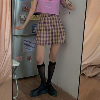 Print Cropped Top + High-waist Plaid Shorts