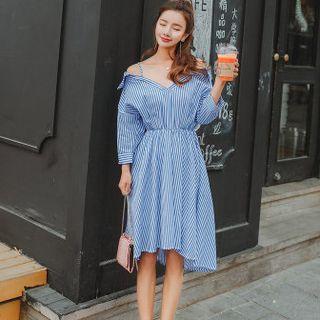 Striped Long-sleeve Cold-shoulder A-line Dress