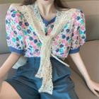Plain Shorts / Set: Flower Printed Short-sleeve Top + Lace Shawl