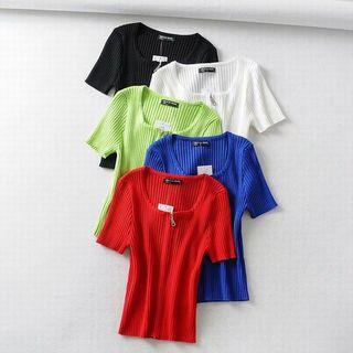 Short-sleeve Zip-up Ribbed Cropped Knit Top