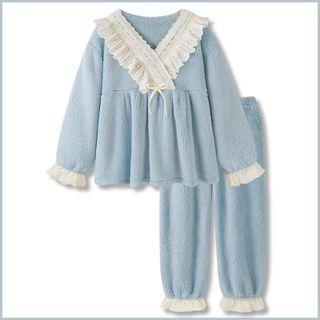 V-neck Ruffle Coral Fleece Loungewear / Set