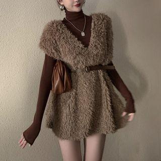 Fluffy Vest / Turtleneck Knit Top / Belt