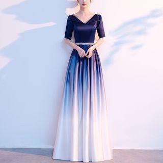 Short-sleeve Beaded Sheath Evening Gown