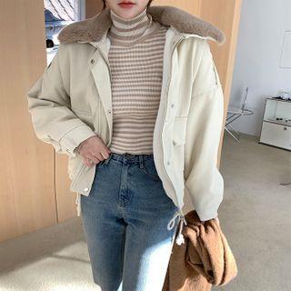 Faux-fur Collar Drawstring-hem Jacket Beige - One Size