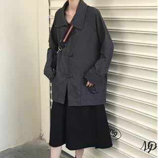 Striped Single-breasted Jacket / A-line Midi Skirt