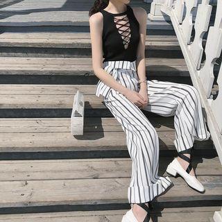 Lattice Front Sleeveless Top / Striped Wide Leg Pants
