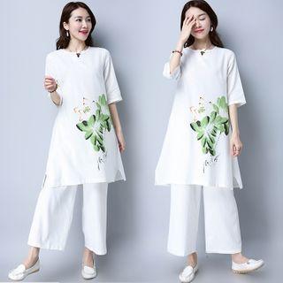 Set: Elbow-sleeve Floral Print Tunic Top + Wide-leg Pants
