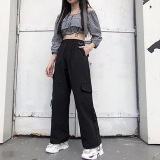 Cargo Harem Pants / Long-sleeve Plaid Off-shoulder Crop Top