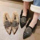 Embellished Furry Pointy-toe Loafers