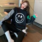 Smiley-face Col;orblock Loose-fit Pullover As Figure - One Size
