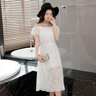 Off-shoulder Short-sleeve Midi Lace Dress
