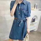 Mock Two-piece Single-breasted Lace-up Denim Dress