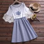 Mock Two-piece Maple Leaf Embroidered Short-sleeve Dress