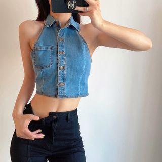 Halter Denim Crop Tank Top