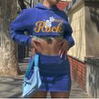 Set: Lettering Print Long-sleeve Hooded Crop Sweater + Plain Mini Pencil Skirt