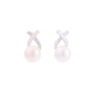 Sterling Silver Fashion Simple Cross White Freshwater Pearl Stud Earrings Silver - One Size