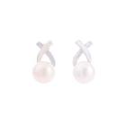 Sterling Silver Fashion Simple Cross White Freshwater Pearl Stud Earrings Silver - One Size