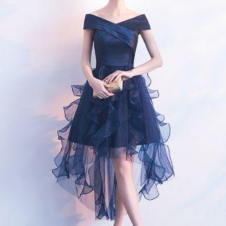 Off-shoulder Ruffle Mesh Midi Prom Dress