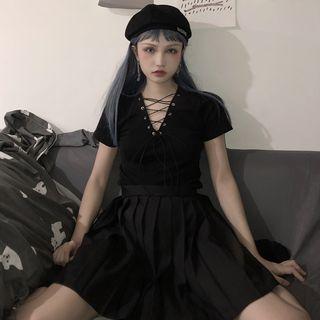 V-neck Short Sleeve T-shirt Black - One Size