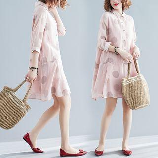 3/4-sleeve Dotted Shirtdress Mauve Pink - One Size