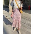 Short-sleeve Plain Top / Floral Midi Skirt