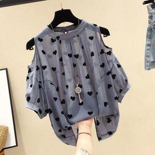 Elbow-sleeve Cold-shoulder Heart-pattern Top