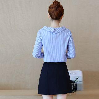 Set: Striped Long-sleeve Shirt + Floral Embroidered A-line Skirt