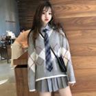 Mini Pleated Skirt / Argyle Sweater / Long-sleeve Shirt With Tie