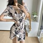Short-sleeve V-neck Print Mini Sheath Dress