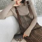 Turtleneck Long-sleeve Knit Top / Plaid Jumper Dress / Set