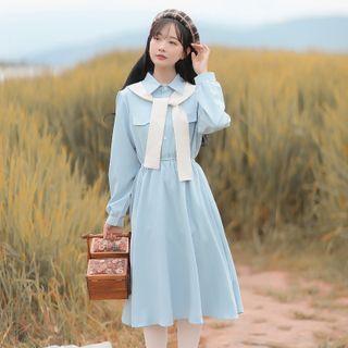 Set: Long-sleeve Shirt Dress + Shawl
