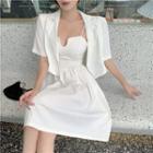 Short-sleeve Double-breasted Cropped Blazer / Spaghetti Strap A-line Dress