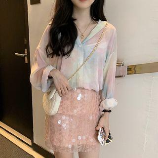 Long-sleeve Shirt / Sequined Mini Pencil Skirt