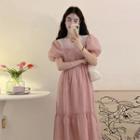 Puff-sleeve Faux Pearl Panel Midi A-line Dress