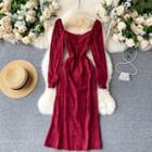V-neck Flower Ruched Puff-sleeve Dress