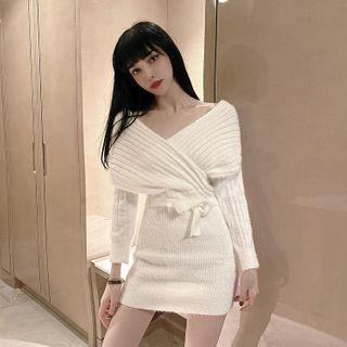 Off-shoulder Plain Knit Mini Bodycon Dress