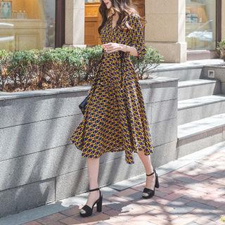 3/4-sleeve Lace-up Detail Pattern A-line Midi Dress