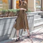 3/4-sleeve Lace-up Detail Pattern A-line Midi Dress