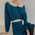 Color-block Peter-pan Collar Long-sleeve Dress Aqua Blue - One Size