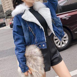 Cropped Furry-trim Zip Denim Jacket