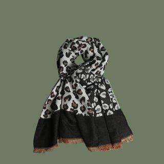 Leopard Print Tasseled Scarf Leopard - Black & Gray - One Size