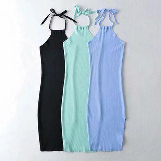 Sleeveless Plain Slim-fit Halter Dress