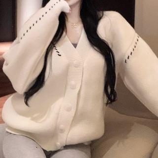 Contrast Stitching Cardigan White - One Size