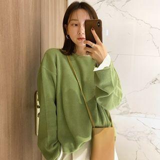 Plain Long-sleeve Knit Top Green - One Size
