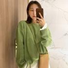 Plain Long-sleeve Knit Top Green - One Size